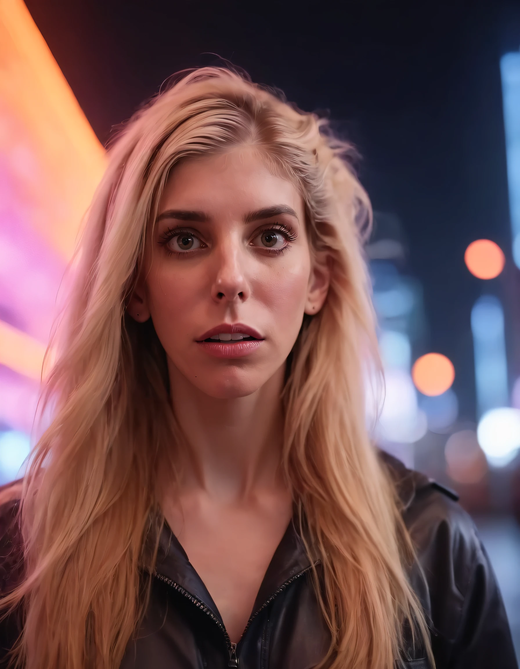Best quality, cinematic photo centered waist up portrait, a young woman with fiery blond hair. Her face fills the frame, bathed in neon hues, exuding determination and mystery amidst a futuristic backdrop, 35mm photograph, film, bokeh, professional, 4k, highly detailed. In this captivating scene, Rebecca Zamolo - with her glowing, fiery blond hair and intense gaze - stands alone, determined to reveal the enigma that lurks within the futuristic cityscape, as the 35mm camera captures every nuance of her being in high detail, using cutting-edge 4k technology, emanating a stunning bokeh effect, with the film reel echoing its cinematic essence, while Rebecca's long hair billows around her face, further accentuating her otherworldly presence. <lora:vupzvg18e05db87fdo423:1>