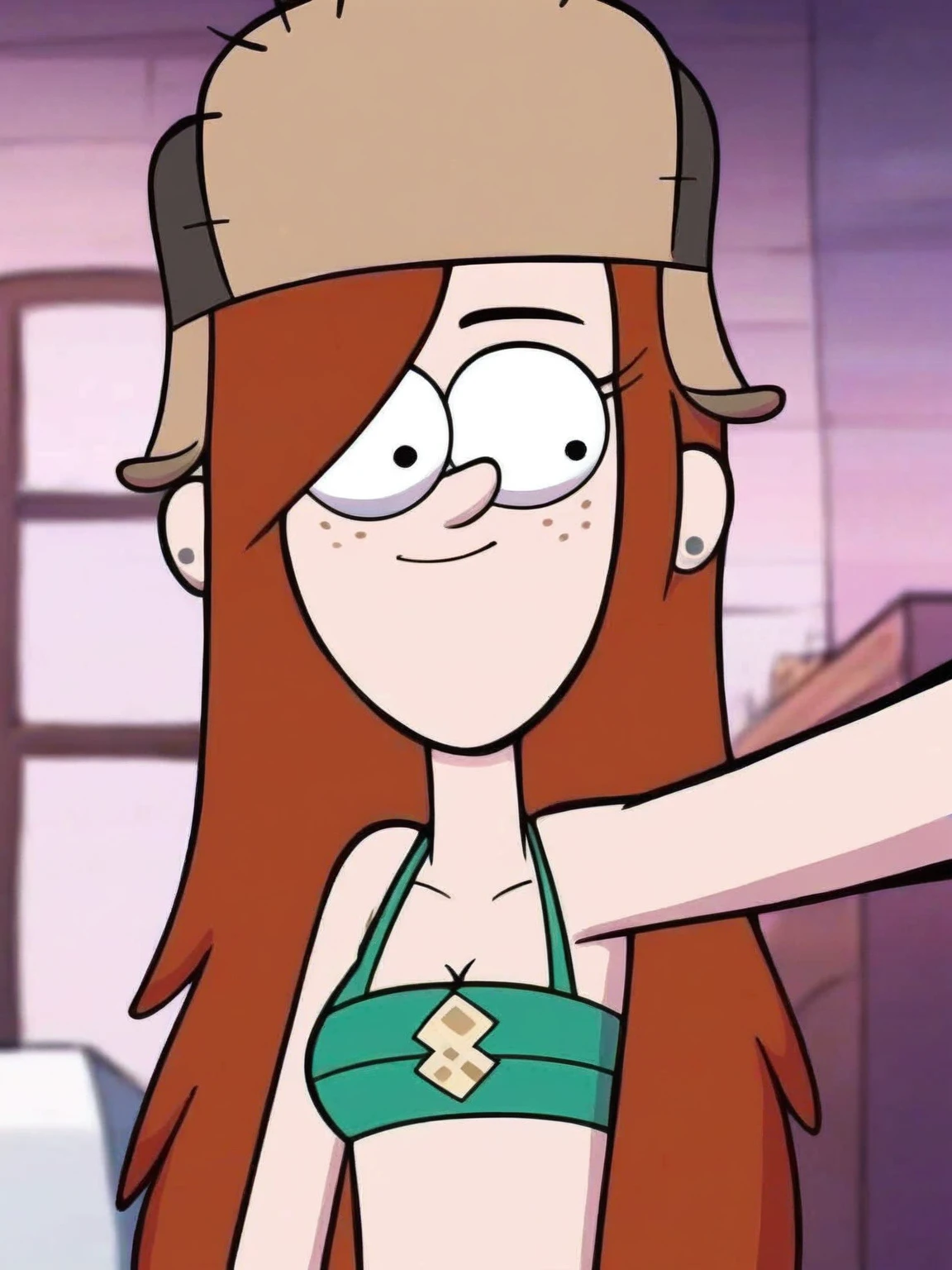 <lora:WendyCorduroy:1> w_g_f, 1girl, ginger hair, fur hat, Selfie, bikini, sucking icecream, score_6, score_8_up,