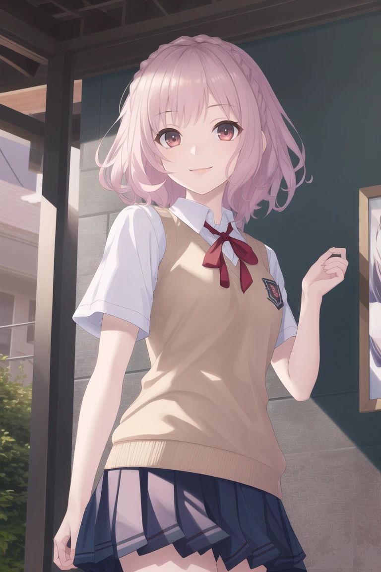 masterpiece, best quality, CG, wallpaper, HDR, high quality, high-definition, extremely detailed, rinnedef, school uniform, looking at viewer, smile