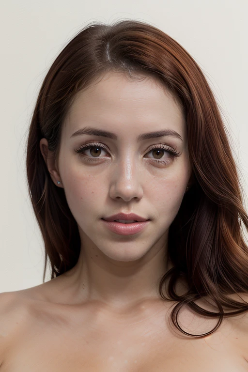 Chica alta, ojos negros, peliroja, sonrojada, tetona