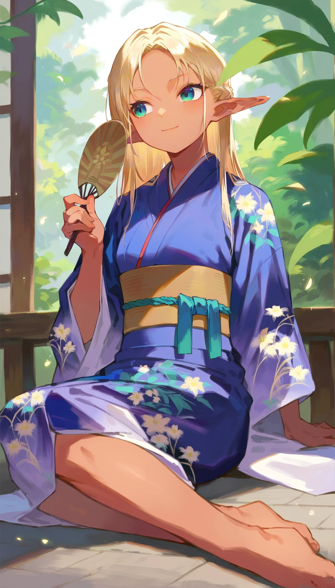 <lora:dark_elf_pony:1> score_9, score_8_up, score_7_up, score_6_up, source anime, BREAK  kuronagamimi, dark elf, 1girl, hand fan, long hair, multicolored hair, pointy ears, solo, blue kimono, japanese clothes, dark-skinned female, dark skin, paper fan, blonde hair, holding fan, sitting, uchiwa, yokozuwari, smile, holding, sash, barefoot, closed mouth, sidelocks, obi, porch, floral print, looking to the side, on floor, bangs