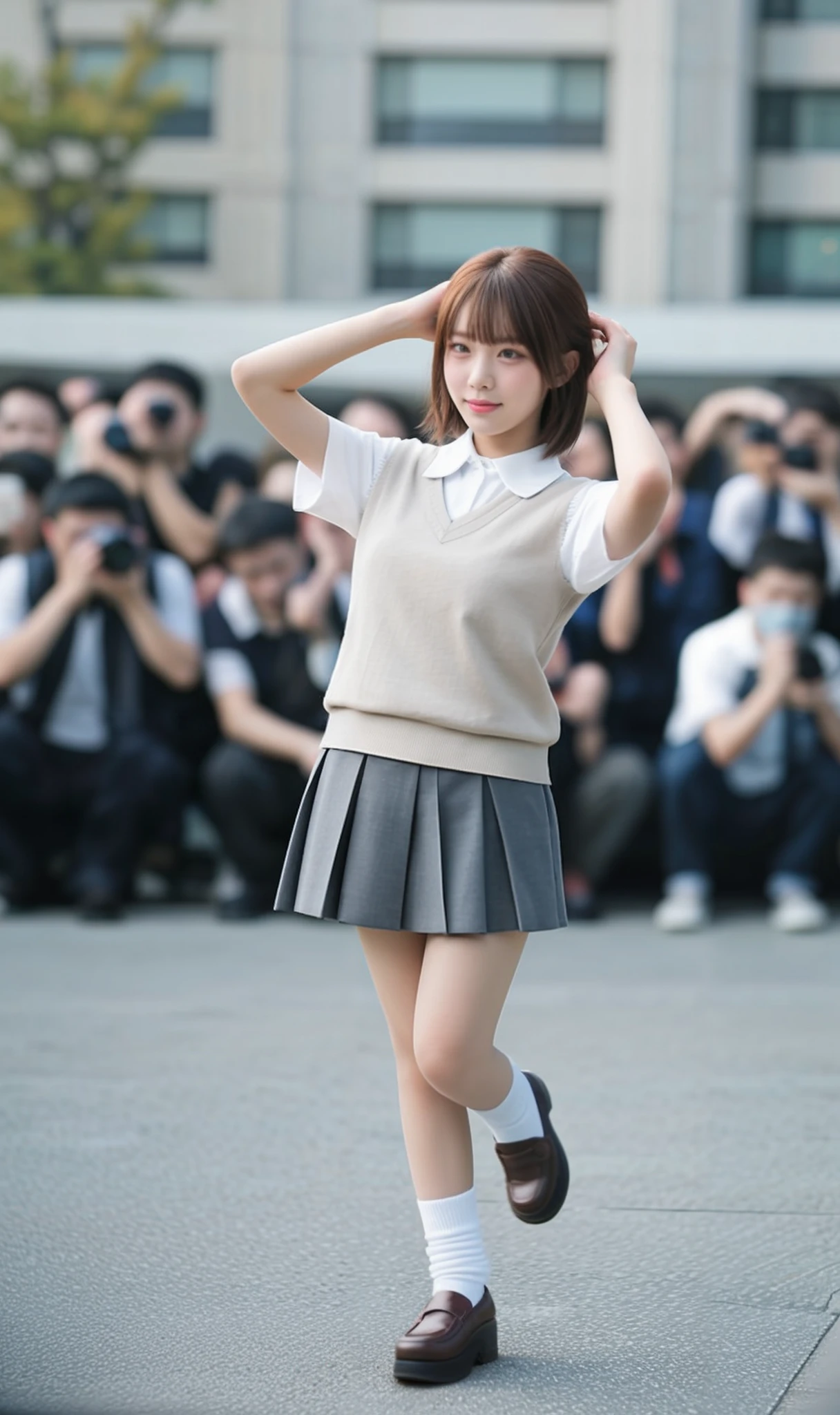 a beautiful 18-year-old Chinese woman,
view of a woman from front,multiple clothed male photographers taking photos of a woman with cameras,multiple clothed male photographers taking photos of the same woman with phones,multiple photographer backgrounds,woman focus,arms up,arms behind head,woman facing viewer,woman looking away,woman arm up,woman standing,she stands on one leg,multiple photographers wearing mouth mask,taking picture,skirt,school uniform,crowd,woman with brown hair,sweater vest,socks,shoes,pleated skirt,grey skirt,brown footwear,cosplay,smile,white shirt,long hair,brown sweater vest,short sleeves,full body,loafers,white socks,jewelry,bangs,collared shirt,short hair
<lora:cosplay & multiple photographer backgrounds_V1:0.75>,<lora:depth of field slider v1-æ¯æ·±:-6>,depth of field,blurry background <lora:asianbabe_V6:0.5>
outdoors,square,, <lora:LCM_LoRA_Weights_SD15å éå¨:1>