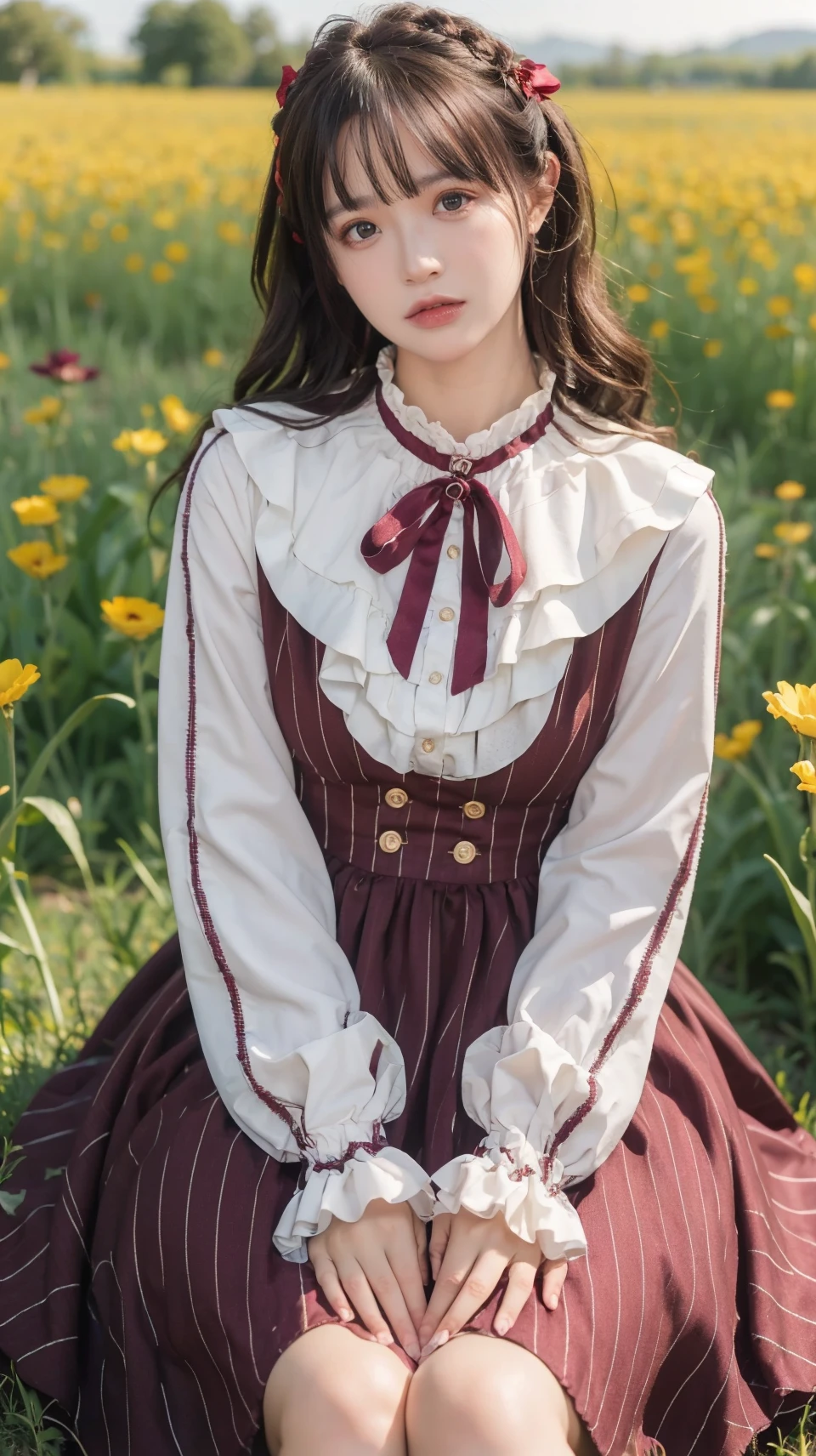 best quality,HDR,UHD,8K,Vivid Colors,solo,photo_,(1girl:1.3),(sitting:1.3),(looking at viewer:1.4),Elegant,detailed gorgeous face,(cowboy shot:1.2),morning,(flower field background:1.2),black eye,long hair,<lora:Twinkle13:0.75>,dress,ribbon,long sleeves,frilled dress,crinoline,sunlight,dappled sunlight,marginal light,