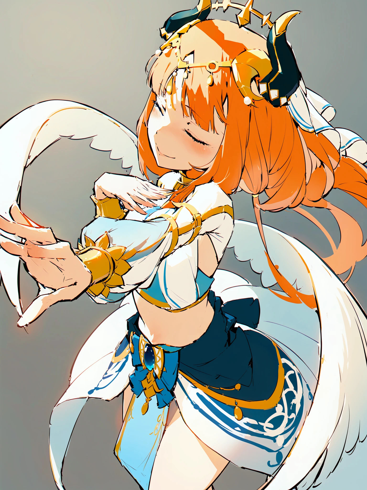 beautiful and white huge wings cover body,<lora:style26-xl:1>,perspective,1girl,nilou,solo, grey background,cowboy shot, dancing, blush,smile,closed eyes,