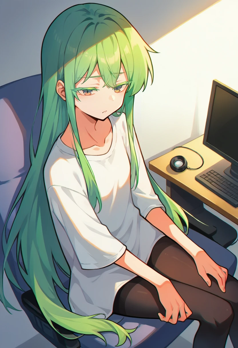 score_9, score_8_up, score_7_up, score_6_up, source_anime, masterpiece, newest,
dynamic angle, dynamic pose, 1girl, skinny, slender, innocent, sitting, arms at sides, long hair, portrait, shade, pantyhose, loose clothes, hacker, computer, sleepy, Colored eyelashes, green hair