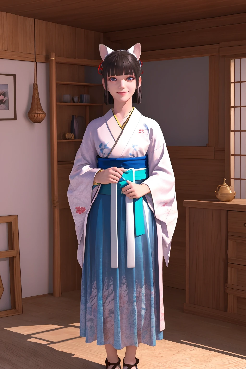 highres, masterpiece, best quality, ultra detailed, detailed eyes, detailed face,
indoors, cowboy shot,
jyanme, 1girl, solo, little smile, animal ears, japanese clothes, kimono, standing, looking at viewer, printed skirt, ribbon, red shoes, floral print,  sash,
<lora:jyanme v1-000006:0.6>