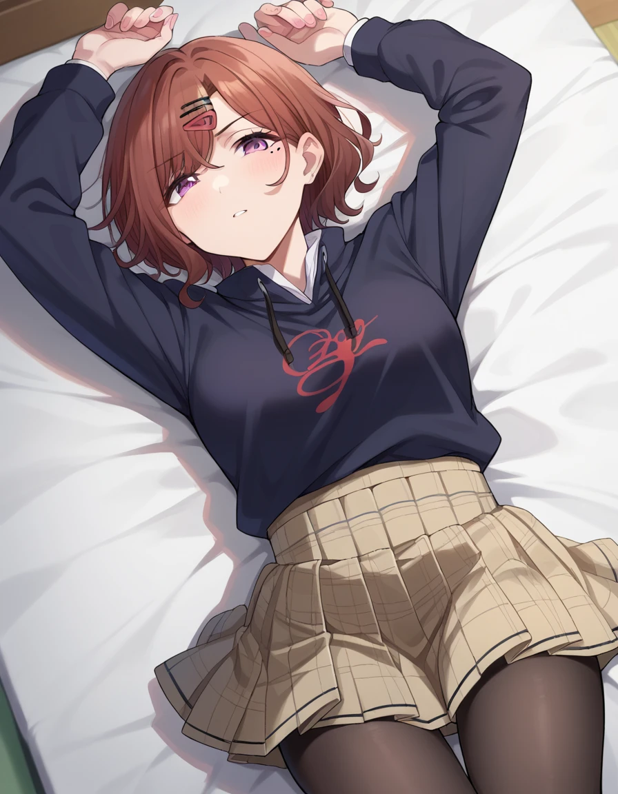 score_9, score_8_up, score_7_up, source_anime,
madokahiguchi, <lora:madoka-higuchi-ponyxl-lora-nochekaiser:1>,
madoka higuchi, brown hair, eyebrows hidden by hair, grey background, hair ornament, hairclip, mole, mole under eye, purple eyes, short hair, wavy hair,
black pantyhose, black shirt, pantyhose, plaid, plaid skirt, pleated skirt, school uniform, shirt, skirt,
indoors, bed, bed room, on back, arm support, arms up, incoming hug, pov, reaching, reaching towards viewer,
looking at viewer, dutch angle, cowboy shot,