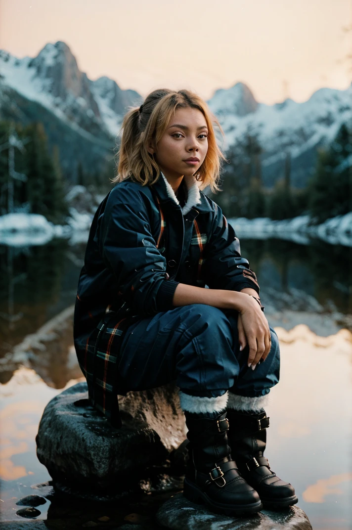 tv_Jojo_Austin_PS , , sad expression, wearing a winter coat, wearing winter pants, wearing winter boots, sitting on a rock by a frozen mountain lake, midnight, moonlight, shot from the side, , 8k resolution, highres, high detail, sharp focus, , 8k uhd,
