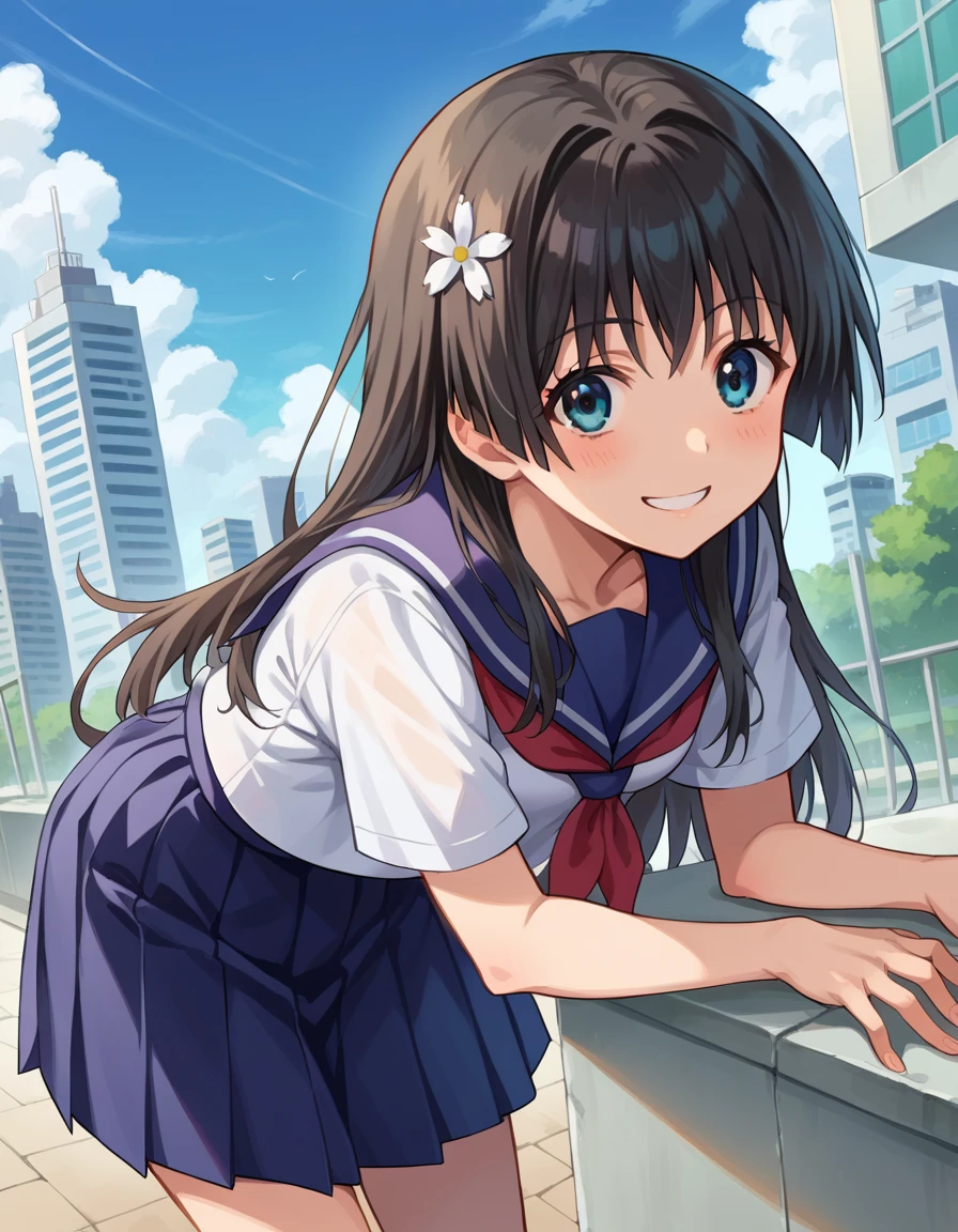score_9, score_8_up, score_7_up, source_anime,
satenruiko, <lora:saten-ruiko-ponyxl-lora-nochekaiser:1>,
saten ruiko, black hair, blue eyes, long hair, hair ornament, flower ornament, smile,
blue skirt, pleated skirt, sakugawa school uniform, school uniform, serafuku, skirt, summer uniform,
outdoors, cityscape, bent over,
looking at viewer, cowboy shot, dutch angle,