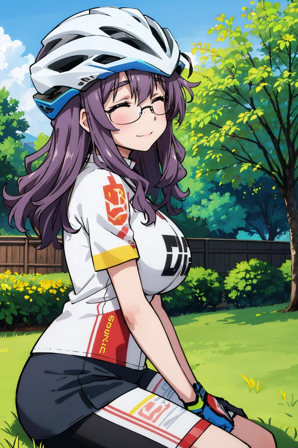 masterpiece, best quality, 1girl, <lora:ichinoseyayoi-nvwls-v1-000009:0.9> ichinoseyayoi, glasses, closed eyes, large breasts, white t-shirt, black shorts, from side, sitting, looking at viewer, smile, hill, grass, tree, bike helmet