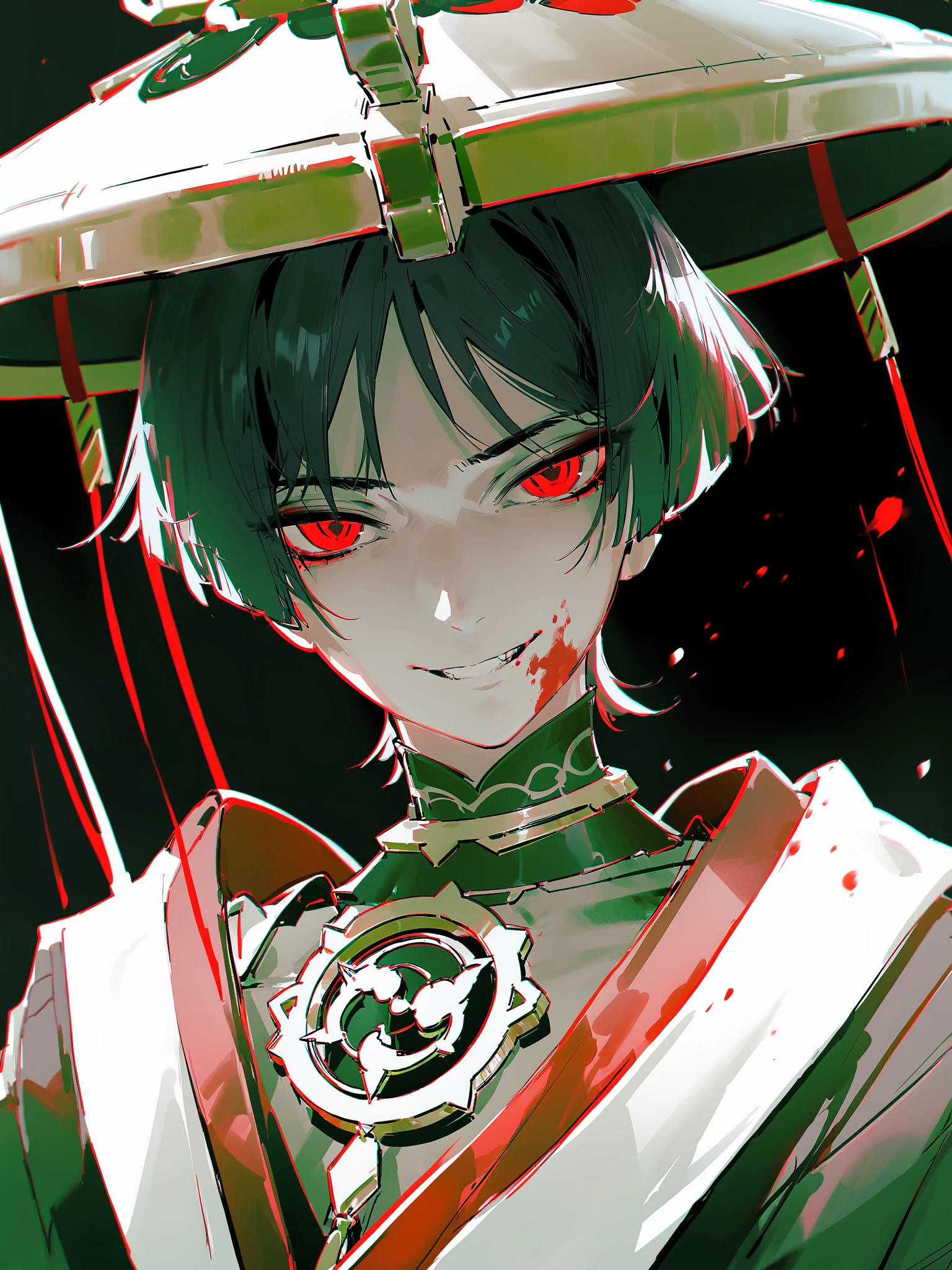masterpiece,best quality,dispersion,<lora:style26-xl:1>, solo,scaramouche \(genshin impact\),,blood,grin,green wind,1boy,spot color, male focus,red eyes, monochrome, black background, simple background, greyscale, closed mouth, upper body, blurry, looking at viewer, bangs,hat,jingasa,