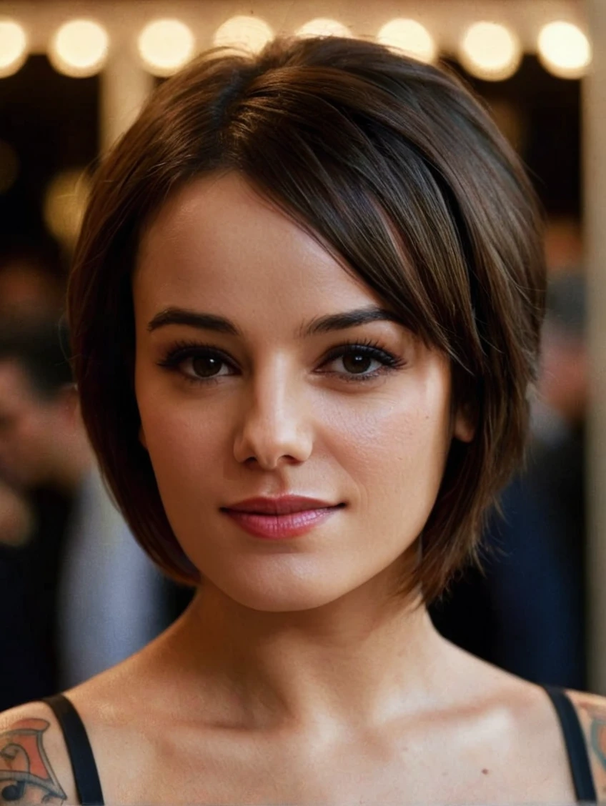 a beautiful picture of alizeeXL, <lora:alizeeXL:1> detailed skin texture,masterpiece, photorealistic, woman, 4k, light, RAW color photo,(fully in frame:1.1), (goosebumps:0.5),brunette, detailed face,wearing a top,stage,subtle smile,tattoo,short hair