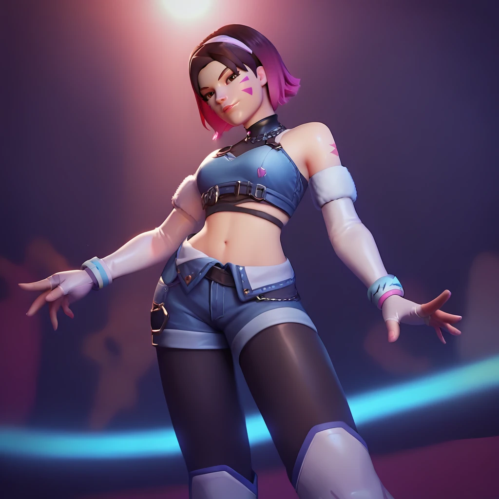 score_9, score_8_up, score_7_up, score_6_up, 1girl, portrait, Dvakpop, white elbow gloves, fingerless gloves, denim shorts, black leggings, white boots , standing at a concert <lora:Dvakpop-03:1>