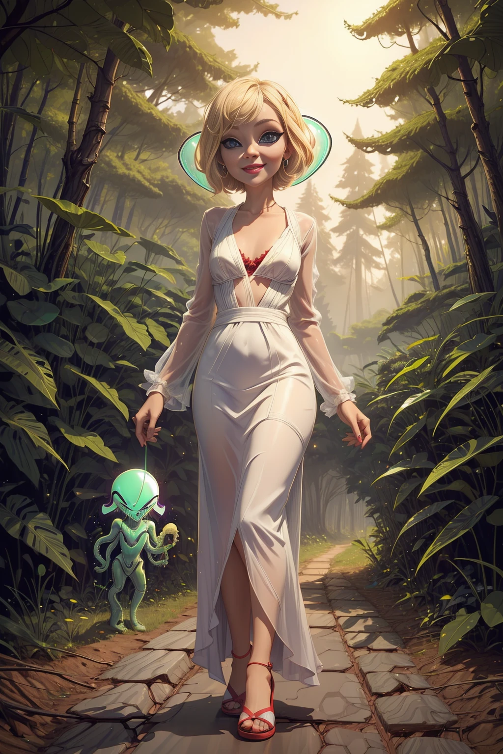 <lora:AlienWorld:1> (AlienWorld:1.15) 1girl ,( short blonde hair:1.2),walking in forest with a long dress, red bra smiling