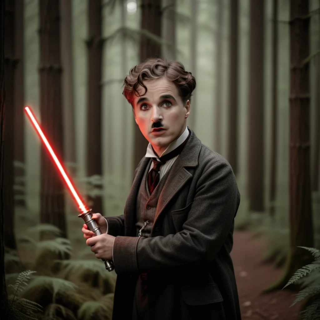 <lora:SDXL Chaplin films The Great Dictator-000002:0.6>
Chaplin films, best quality, high quality, highres, masterpiece, sharpening, 3D, animated, outdoors,
cinematic film still CntDK, forest background, holding a curved red lightsaber, dark brown eyes . shallow depth of field, vignette, highly detailed, high budget, bokeh, cinemascope, moody, epic, gorgeous, film grain, grainy
looking at viewer, male focus,
