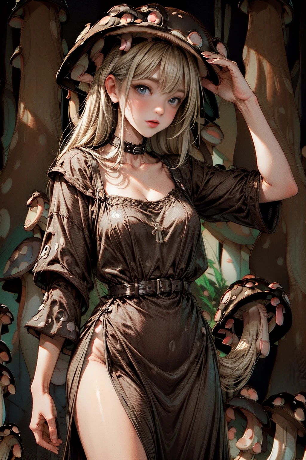 <lora:MushroomWorld:1.0>  (MushroomWorld:1.1) 1woman (sexy skinny german dress:1.2) (happy 1.3)  in an dark forest <lora:more_details:1>