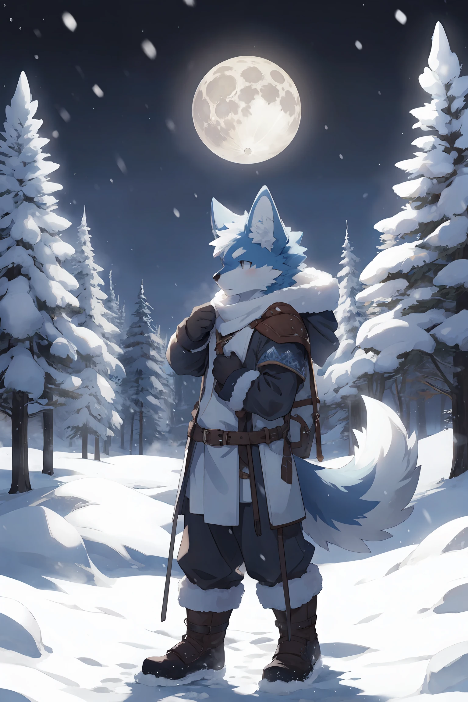 1boy,boy,solo,furry,kemono,anthro,tail,in winter,snow,ice,snowflakes,moon,fantasy,