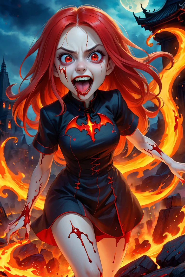 score_9, score_8_up, score_7_up, score_6_up, score_5_up, (((playful, crazy daemon girl, outdoor))), (best quality, 8k, highres, masterpiece:1.2), portrait, face, vampire fangs, long hair, show long tongue, expressive red daemon eyes, blood from face, vibrant atmosphere, joyful expression, dynamic pose, playful interaction,( night:1.3), vibrant lava fair, creative outfit, lava environment, white daemons background, drawing with colored pencil style, large strokes, finalized with ink, fine lines