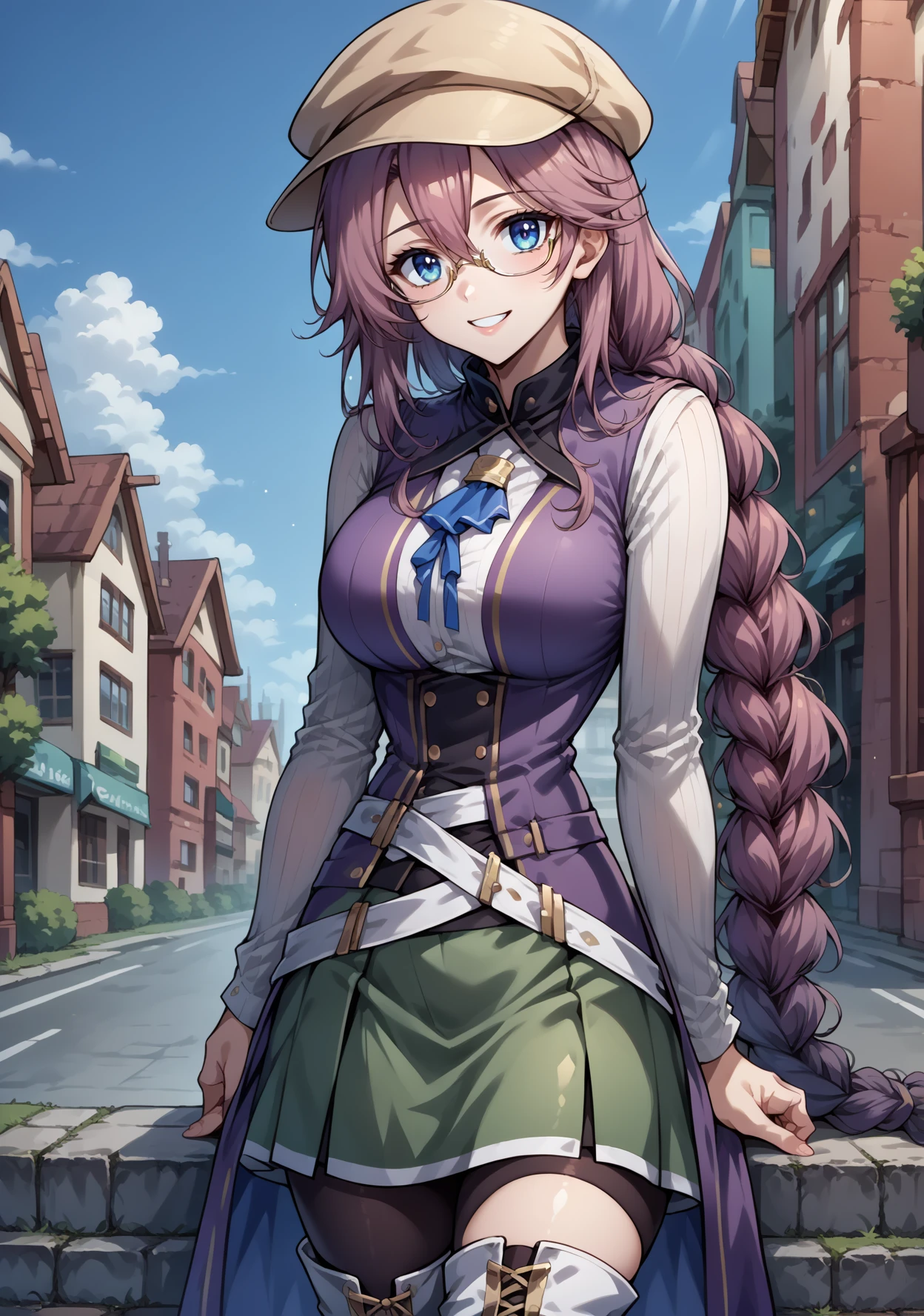 score_9, score_8_up, source_anime, emma-m-pdxl, 1girl, solo, <lora:Emma_Millstein-PDXL:1>  jewelry,   blue eyes,  hair between eyes,  smile, pink hair, long hair,   glasses, daytime, outside, town,  braided ponytail, purple sleeveless coat, sleeveless coat, white shirt, long sleeve white shirt:1,  green skirt, white belts, white knee boots, looking at viewer, thigh highs,  contrapposto:1.2, pantyhose, newsie hat