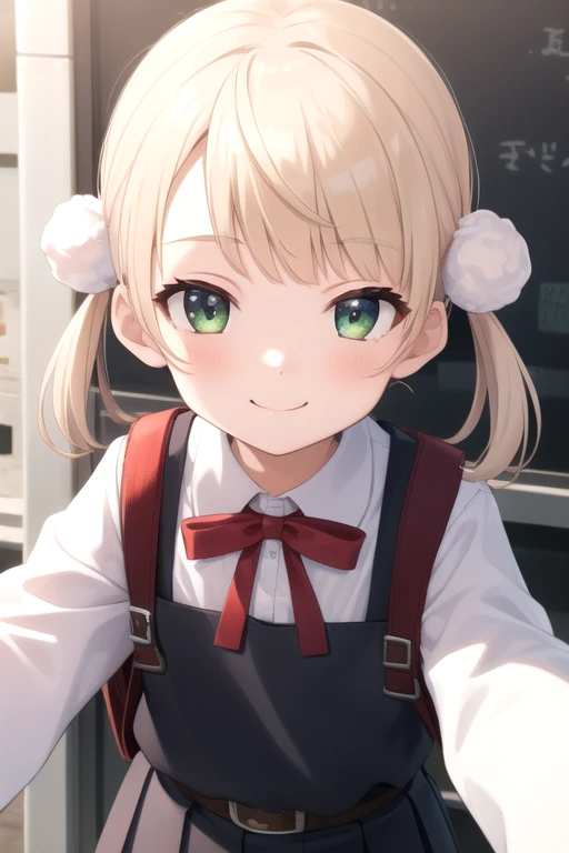 ((masterpiece)),(best quality),official art,extremely detailed CG,unity 8k wallpaper,ultra detailed,beautiful detailed eyes,extremely detailed face,outdoors,1girl,solo,upper body,(portrait:1.5),looking at viewer,facing viewer,smile,smug,smirk,aged down,child,shigure ui (vtuber),short hair,light brown hair,twintails,pom pom hair ornament,hair intakes,green eyes,school uniform,bangs,red bow,collared shirt,white shirt,long sleeves,randoseru,red backpack,belt,black dress,sleeveless dress,pleated dress,pinafore dress,flat chest,kneehighs,white socks,black footwear,uwabaki,<lora:Shigure Ui(vtuber)-Update>,