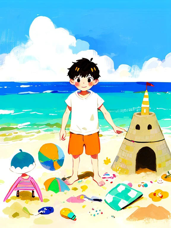masterpiece, high quality,a boy, cute, on the beach,make sand castles, <lora:J_drawing-000018:0.8> j_drawing