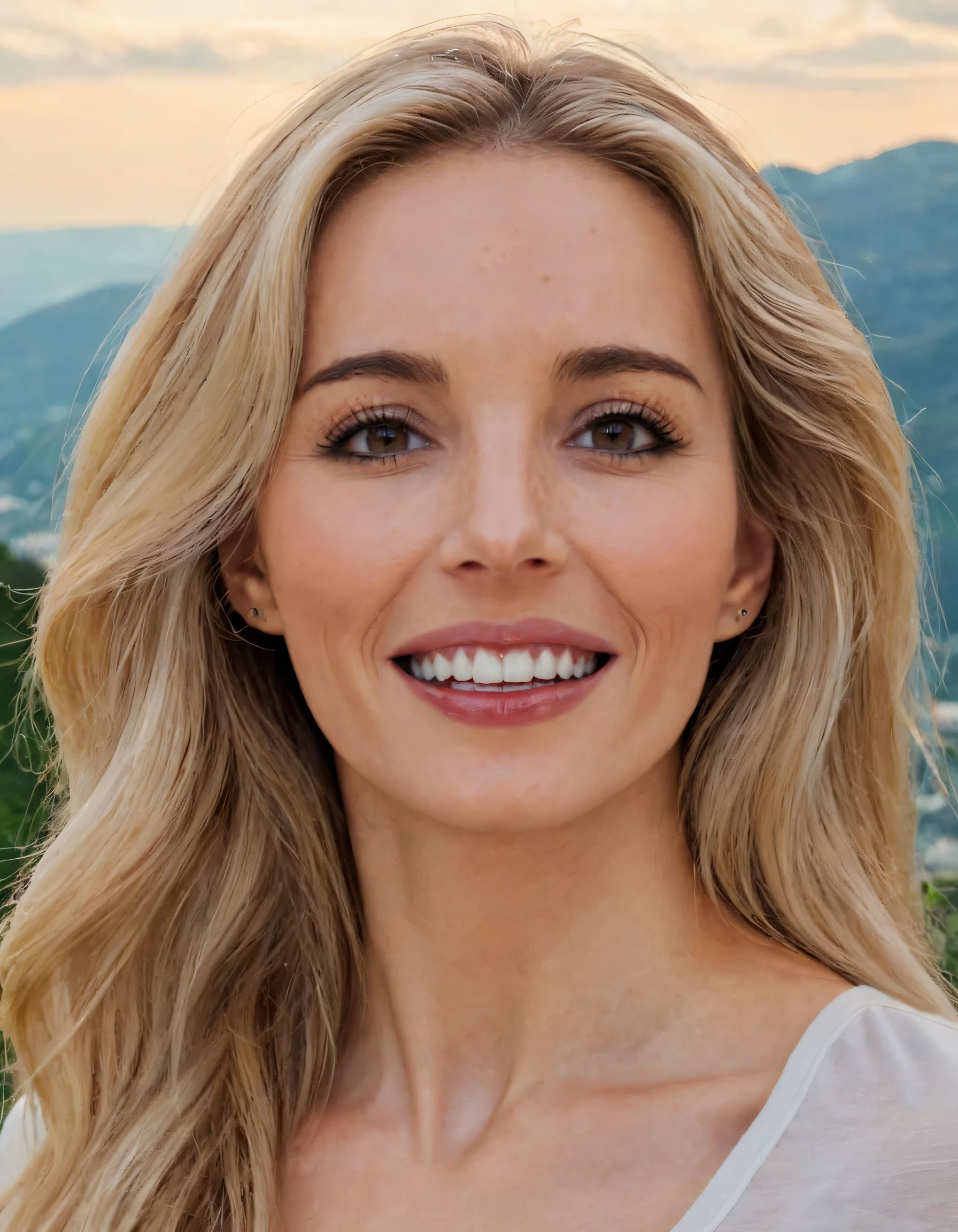 A blonde-haired woman, dressed elegantly in a casual yet fashionable ensemble, casually stood in front of an enchanting view with her long locks flowing gently down her back as she gazed intently at the viewer, displaying parted lips that accentuated her mesmerizing brown eyes; but amidst the moment, the intricate symmetry of her nose and perfect alignment of her pearly white teeth drew one's attention, leaving a lasting impression. CSJackie <lora:kznrly18e69257d10n12f:1>