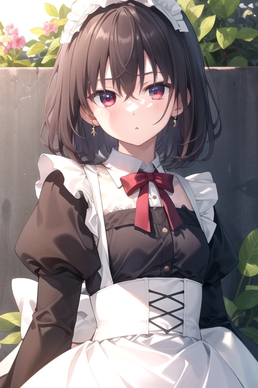 ((masterpiece)),(best quality),official art,extremely detailed CG,unity 8k wallpaper,ultra detailed,beautiful detailed eyes,extremely detailed face,outdoors,1girl,solo,upper body,(portrait:1.5),looking at viewer,facing viewer,shirley (seiken gakuin no maken tsukai),maid headdress,short hair,brown hair,hair between eyes,red eyes,black bow,jewelry,brooch,purple ribbon,juliet sleeves,long sleeves,puffy sleeves,wide sleeves,small breasts,maid apron,white apron,frilled apron,black dress,white pantyhose,mary janes,<lora:Shirley-v1(tdsmoea):0.8>,