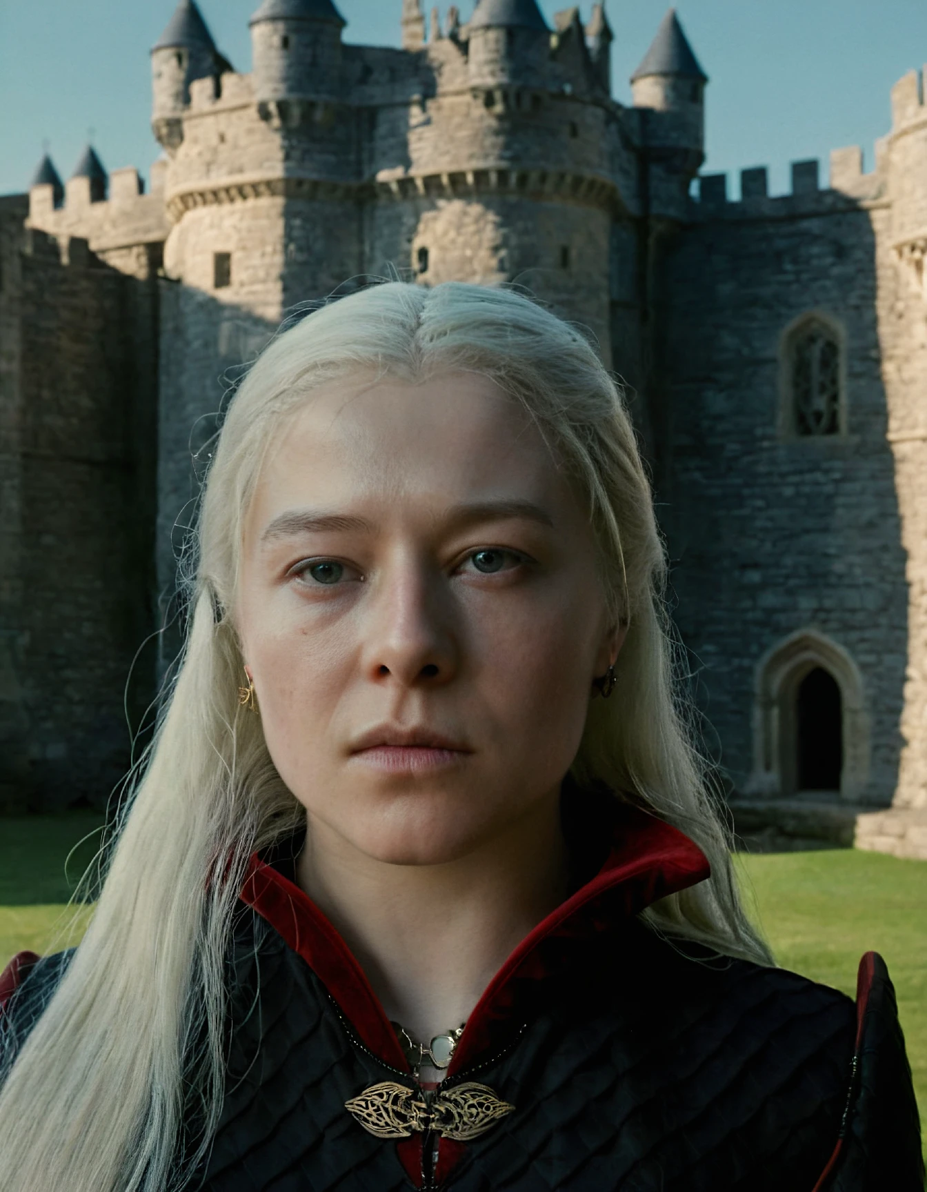 super high resolution photo,close-up of rha3nyra,she has long white hair,she is wearing a black queen jacket and she is standing outside in front of a castle,super detailed background,depth of field,(sweaty skin:1.2),volumetric lighting,during daylight,(surreal dramatic lighting shadow),natural lighting