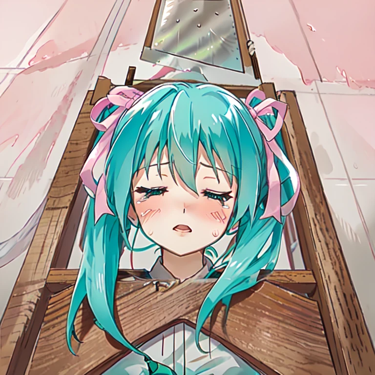 <lora:guillotine:1>,guillotine,1girl,solo,hatsune miku,twintails,closed eyes,bow,face focus,head through board,blush,long hair,aqua hair,tears,hair bow,pink bow,ribbon,hair ribbon,