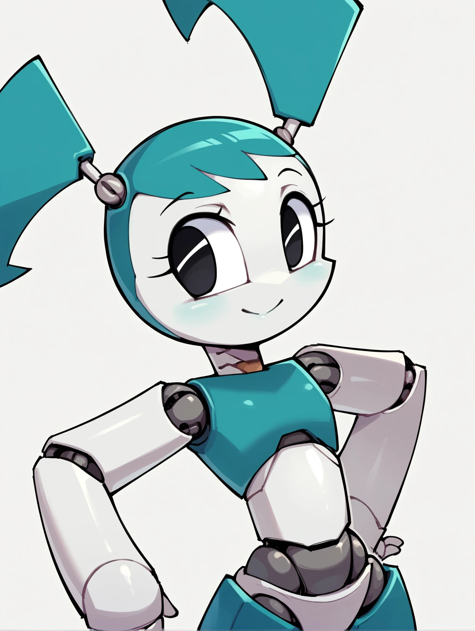 a beautiful and detailed portrait of jenny wakeman, robot joints, metallic body, blue pigtails, happy,blue eyes, blue tank top, belly button, blue skirt, afe_pos, jenny, twintails, 1girl, solo, white skin, looking at viewer, smirk, cowboy shot, sitting in classroom, score_9, score_8_up, score_7_up, score_6_up, score_5_up, score_4_up ,