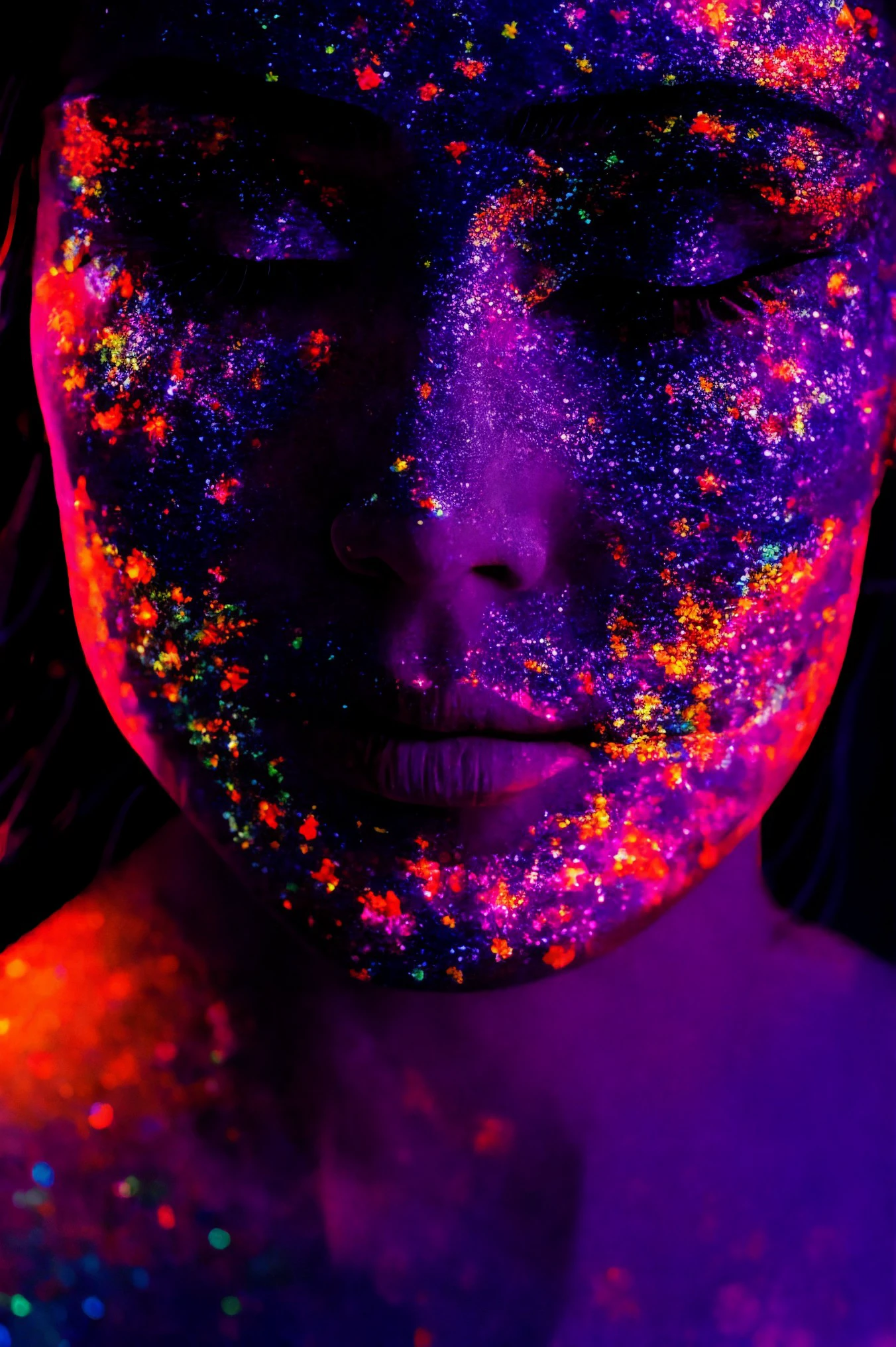 woman 20 years young face closeup, European,  long Beige dress,
 ([Jessica( :0)Chastain|maia|lady( :0)gaga]:0.9) closeup
ultraviolet painted face ,  <lora:dynamic_shot_29_ultraviolet_painted_face:0.75>
(Rooftop city view and twilight ambiance at background:0.0),
highres, high quality, high resolution, hd, 4k, masterpiece, realistic,