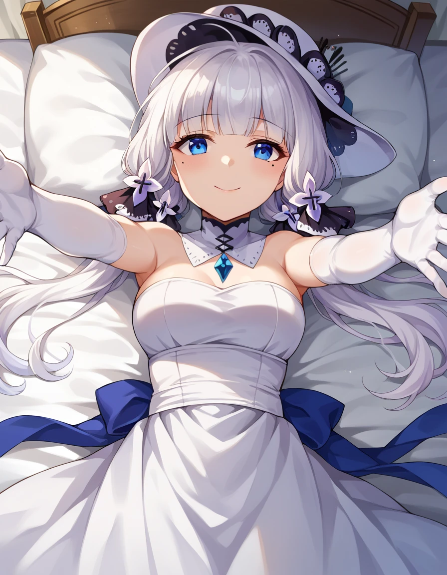 score_9, score_8_up, score_7_up, source_anime,
illustrious, <lora:azur-lane-illustrious-ponyxl-lora-nochekaiser:1>,
illustrious, blue eyes, hair ornament, hair ribbon, long hair, mole, mole under eye, white hair, smile,
dress, elbow gloves, gloves, hat, ribbon, white dress, white gloves, white headwear,
indoors, bed, bed room, on back, arm support, arms up, incoming hug, pov, reaching, reaching towards viewer,
looking at viewer, cowboy shot, dutch angle,