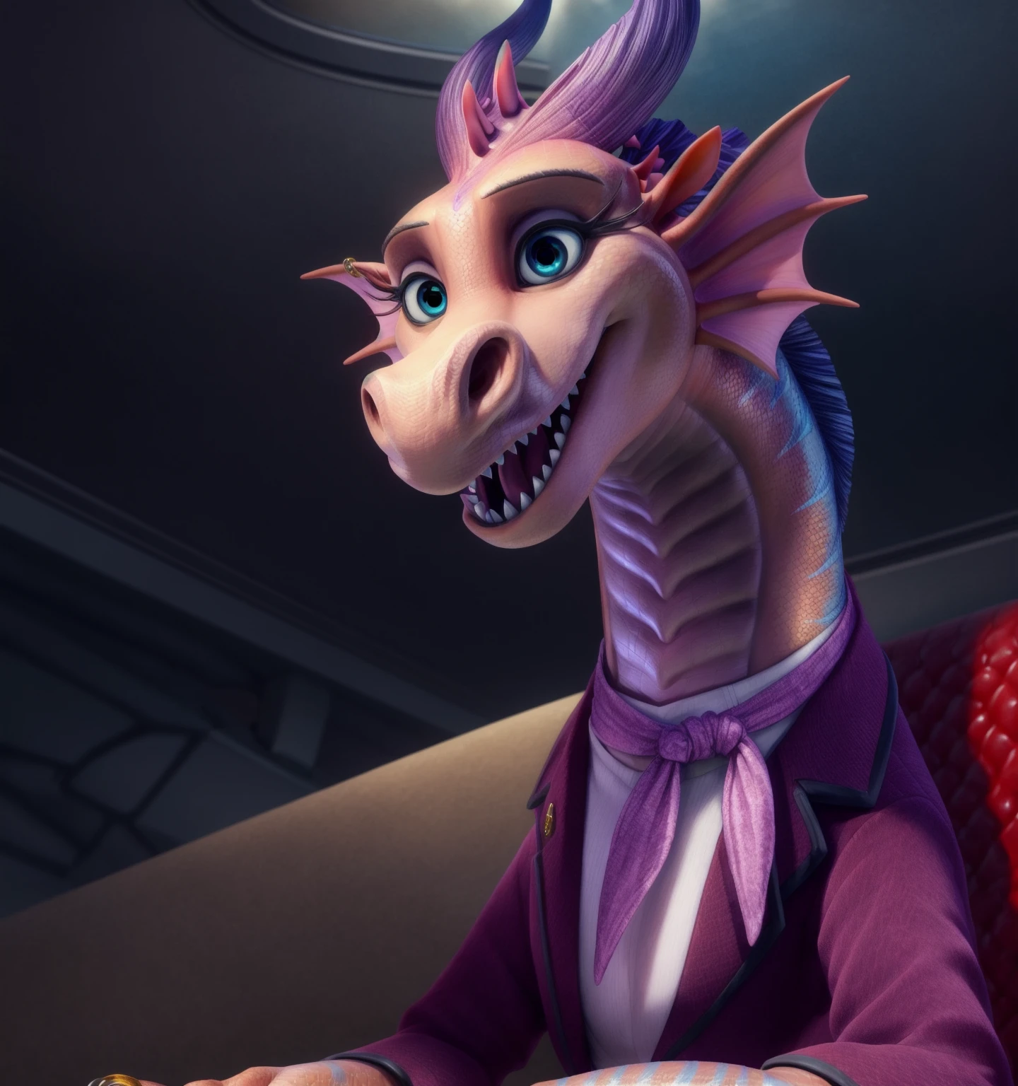 solo, LuckDragon, feral, female, dragon, dragoness, dragontaur, scalie, (pink body), (blue stripes), (wingless dragon), portrait, horns, frills, jewelry, paws, hands, claws, (sitting at a desk), (blue eyes), eyelashes, detailed eyes, detailed scales, 1girl, happy, open mouth, fangs, sharp teeth, animal ears, indoors, clothes, clothed, (red business mantel), Bandana, 3d, pixar, futuristic office, (looking at the viewer), <lora:LuckDragonV1:0.6> (best quality), masterpiece, best quality, 4k, 2k, (high detail) (by darkgem),(by thebigslick), (by syuro),{1-4$$by Faustsketcher|by Jessie Willcox Smith|by Albert Marquet|by Cyril Rolando|by TheSecretCave|by Patto} <lora:add_detail:0.25> <lora:more_details:0.25>