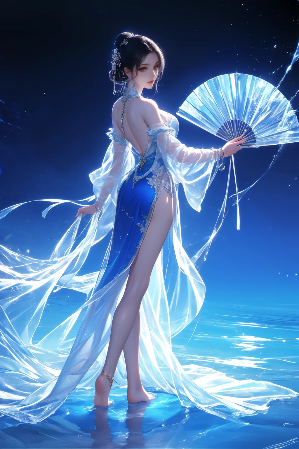 yushuishan, 1girl, water, high heels, dress, bare legs, hand fan, solo, long hair, looking back, ripples, full body, jewelry, white dress, hair ornament, forehead mark, splashing, brown hair, blue dress,
Best quality,masterpiece,ultra high res,<lora:20240324-1711284521625-0020:0.65>,