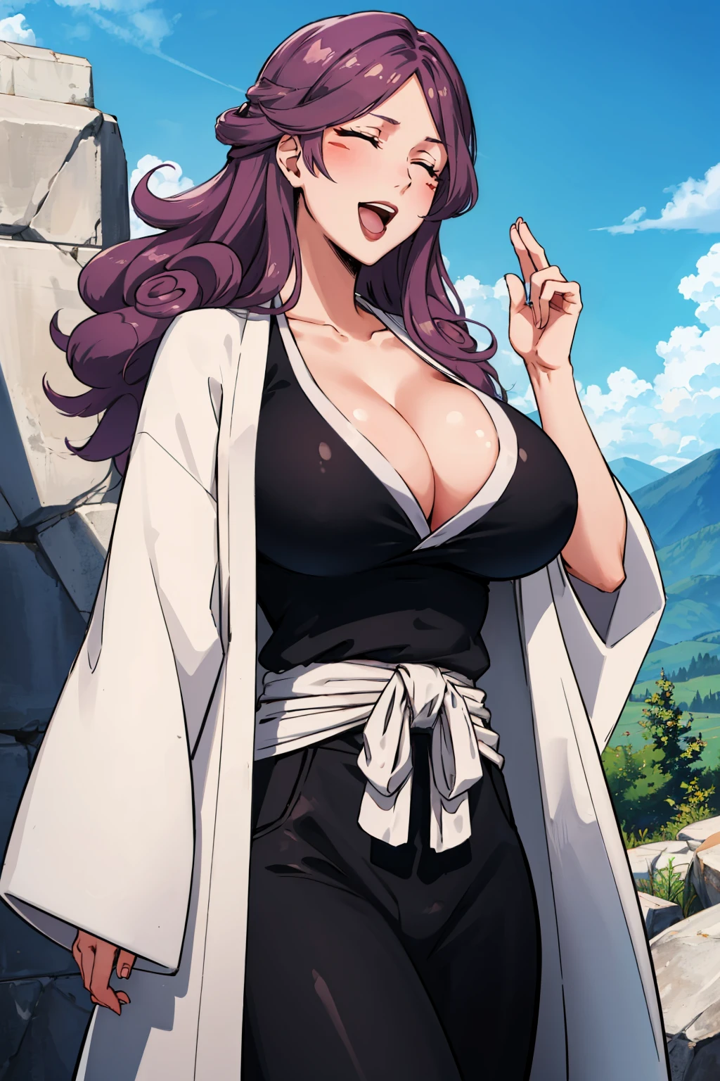 masterpiece, best quality, 1girl, <lora:kirio-nvwls-v1-000009:0.9> hikifune kirio, purple hair, white coat, black robes, cleavage, hakama, large breasts, closed eyes, :D, happy, cowboy shot, blue sky, mountains