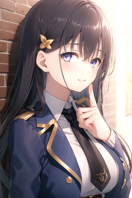 ((masterpiece)),(best quality),official art,extremely detailed CG,unity 8k wallpaper,ultra detailed,beautiful detailed eyes,extremely detailed face,outdoors,1girl,solo,upper body,(portrait:1.5),looking at viewer,facing viewer,smile,elfine phillet,very long hair,black hair,braid,hair ornament,hair bobbles,sidelocks,hair between eyes,purple eyes,excalibur academy uniform,jewelry,blue jacket,(open jacket),wing collar,black necktie,white shirt,collared shirt,dress shirt,long sleeves,large breasts,belt buckle,blue high-waist skirt,double-breasted,black pantyhose,black footwear,<lora:Elfine Phillet-v1(tdsmoea)>,