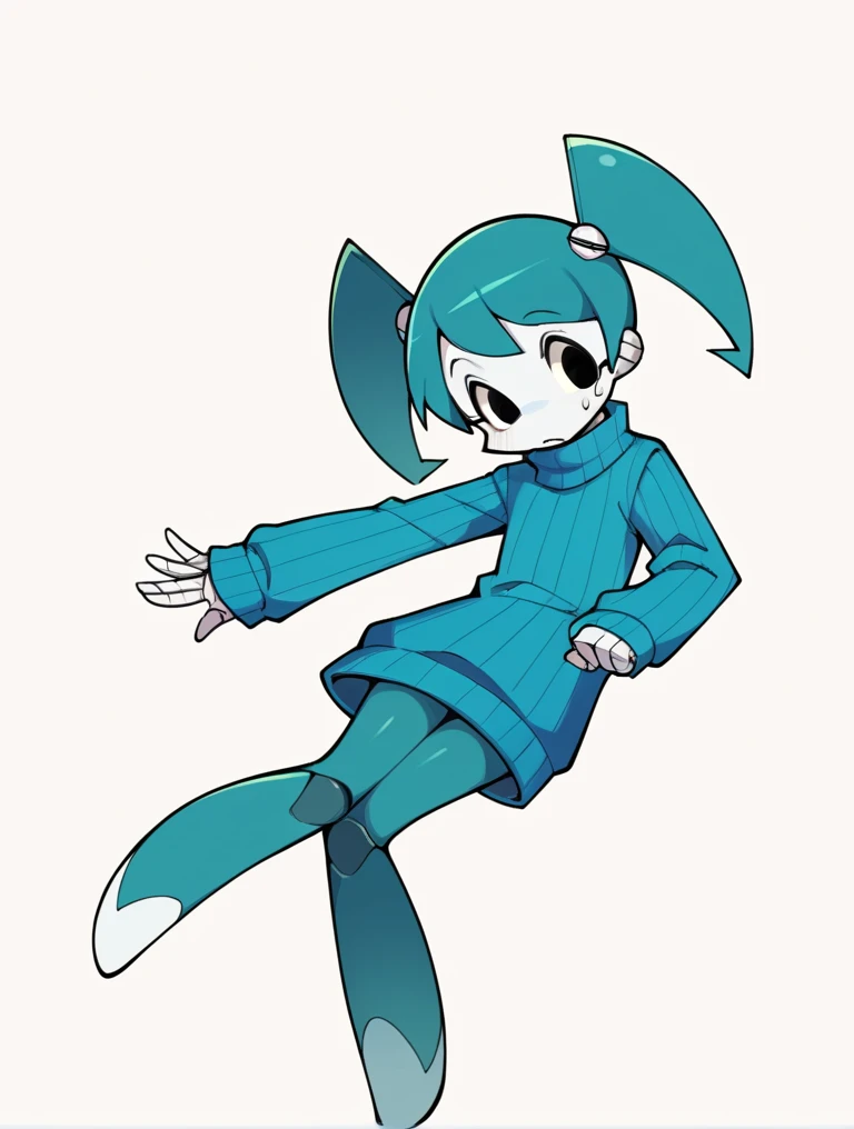 score_9, score_8_up, score_7_up, score_6_up, score_5_up, score_4_up, source_anime, BREAK
(1girl, solo:1.2), simple background, xj9, robot girl, black eyes, aqua hair, turtleneck, ribbed sweater, oversized sweater, blue sweater, , very chubby