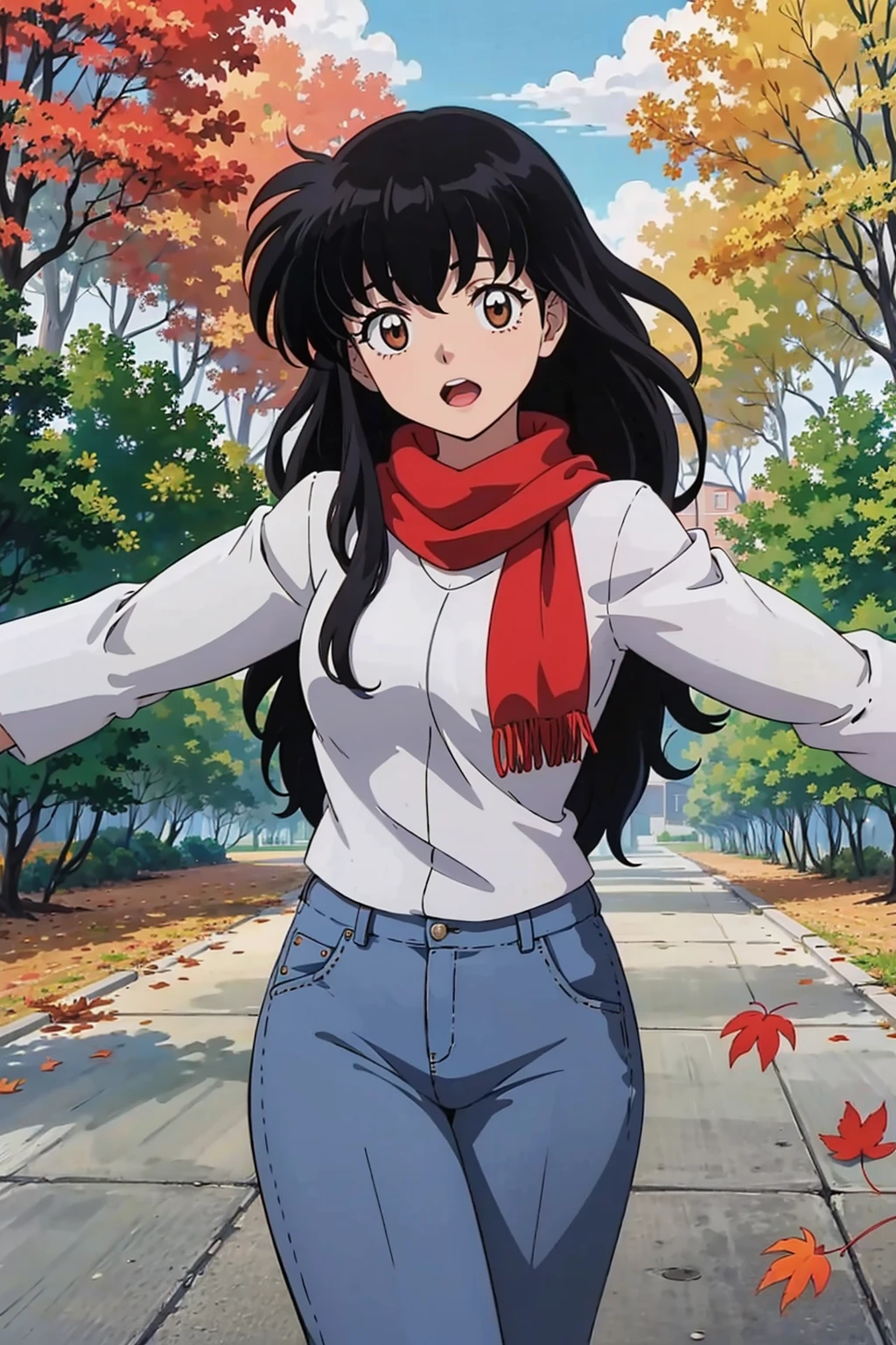 masterpiece, best quality, 1girl, solo, looking at viewer, <lora:EPinKagome-13:0.7>, EPinKagome black hair, brown eyes, detailed background, anime coloring, anime screencap, 2000s \(style\), asymmetrical, trees, autumn, leaves, day, spread arms, striped shirt, vertical stripes, bellbottoms, hazel scarf, demon wings, open mouth