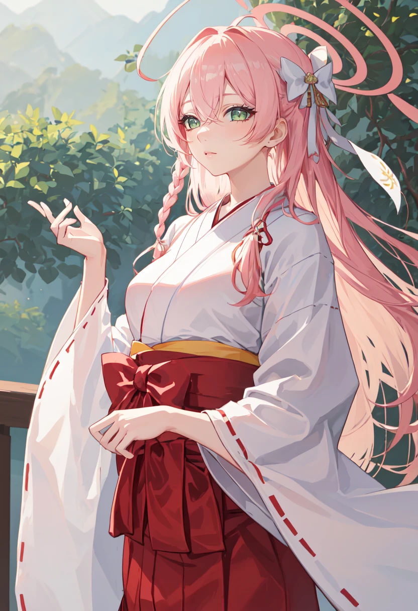 best quality, masterpiece, highres, solo, (hanako_bluearchive:1.10), (white kimono:1.35), (red hakama:1.35), (wide sleeves:1.20), 24 <lora:hanako_bluearchive:0.80>