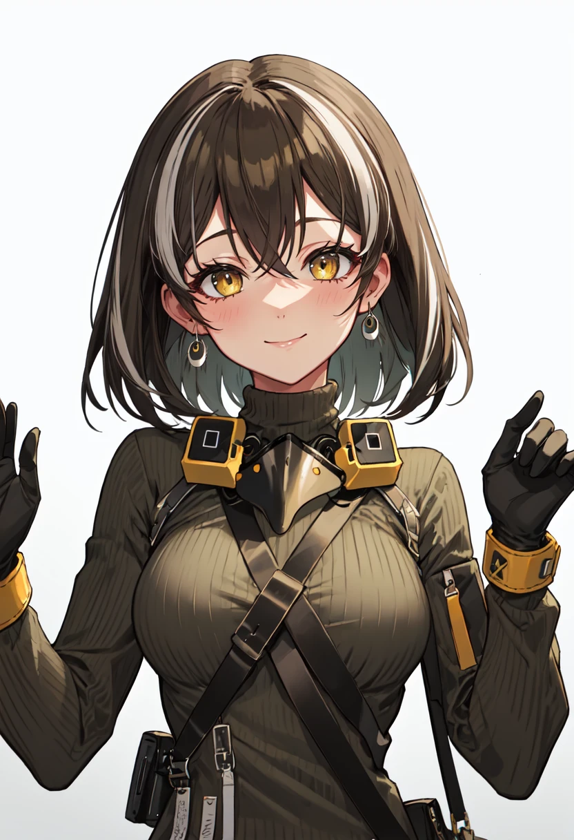best quality, masterpiece, highres, solo, (magallan_arknights:1.10), 1girl, long sleeves, looking at viewer, ribbed sweater, simple background, mask around neck, jewelry, upper body, white background, brown sweater, medium breasts, turtleneck sweater, white gloves, smile, black hair, blush, closed mouth, single glove, grey sweater, hand up, strap, 6 <lora:magallan_arknights:0.80>