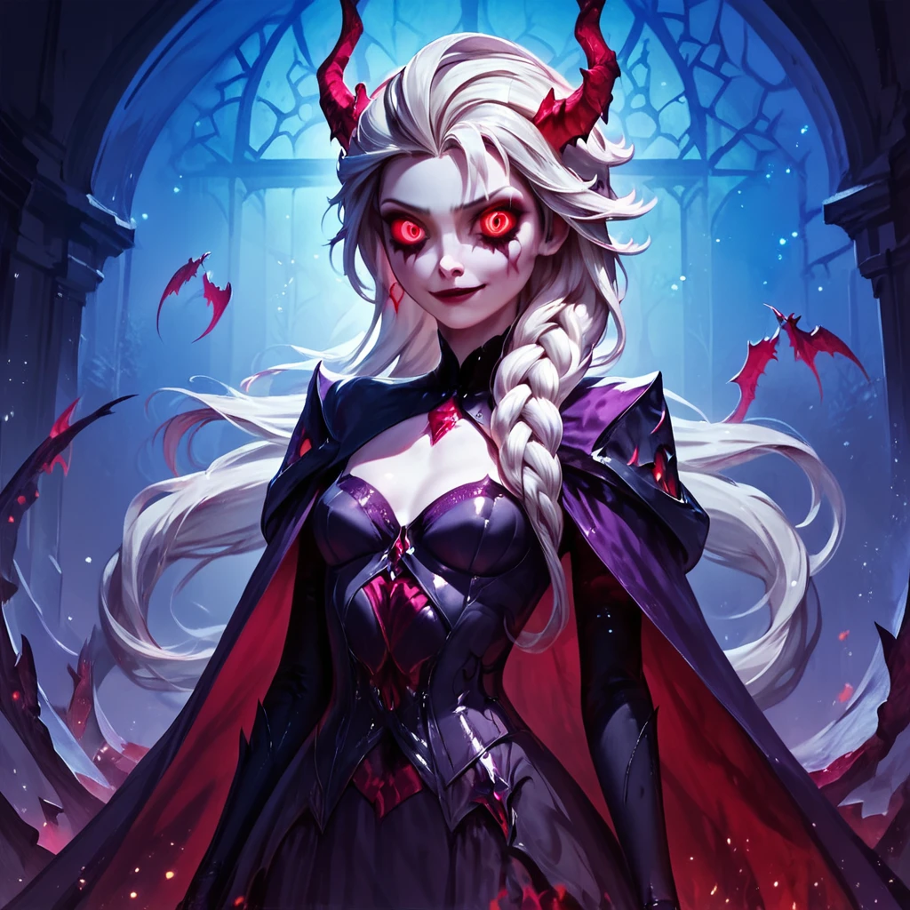 high quality, masterpiece, 8k, exquisite, beautiful, Trixie Lulamoon from Equestria Girls in a Batman Who Laughs or Batman Dark Metal version, dark and mysterious atmosphere, Trixie wearing a hybrid costume combining elements of Batman and the Batman Who Laughs, sinister and twisted expression, glowing red eyes, sharp and menacing grin, flowing cape and cowl, intricate details on the costume, dark and gritty color palette, dramatic lighting casting eerie shadows, Gotham City skyline in the background, sense of danger and intrigue, intense and captivating mood
