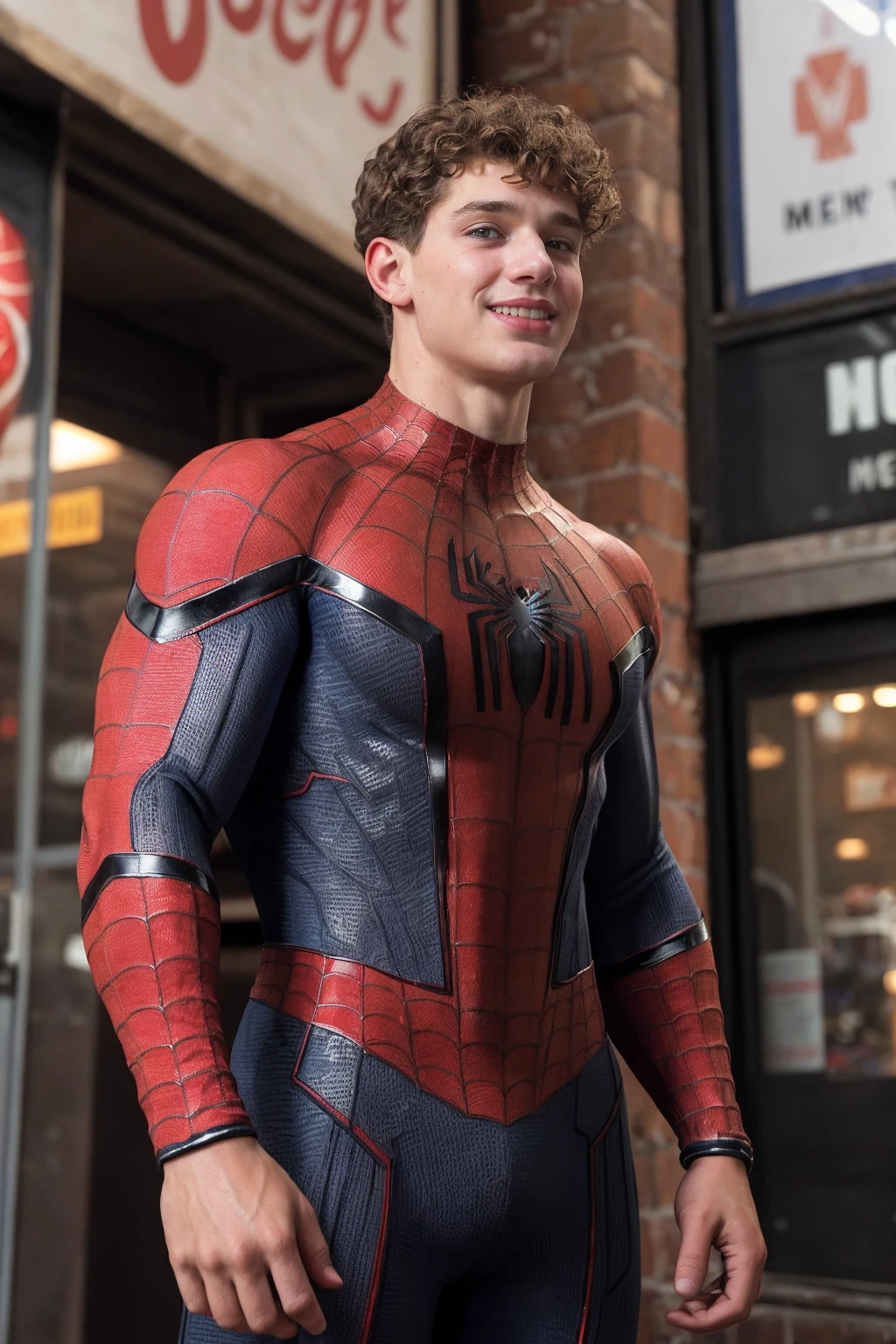 casually posing outside bodega, new york city, looking up, muscular typerson, curly hair, <lora:ty_epoch_6:0.8>, <lora:Spider-Man Costume_v1:0.8> wearing a spider-man costume, nomask, nomask, heroic, smirk