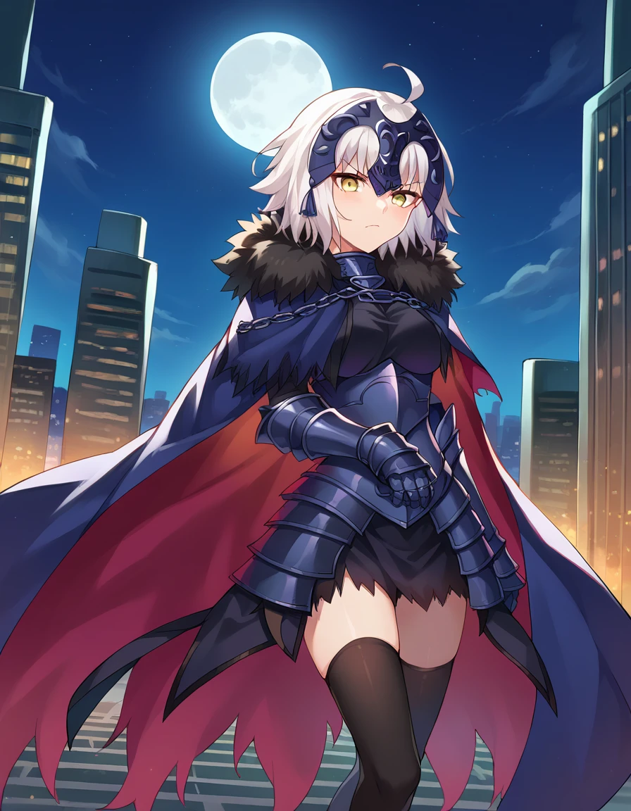 score_9, score_8_up, score_7_up, source_anime,
jalter, <lora:jeanne-darc-alter-ponyxl-lora-nochekaiser:1>,
jalter, white hair, yellow eyes, ahoge,
short hair, headpiece, armor, armored dress, black thighhighs, cape, dress, fur trim, fur-trimmed cape, scowl, sheath, short dress, thighhighs, torn clothes,
outdoors, cityscape, night, moon, bent over,
looking at viewer, dutch angle, cowboy shot,