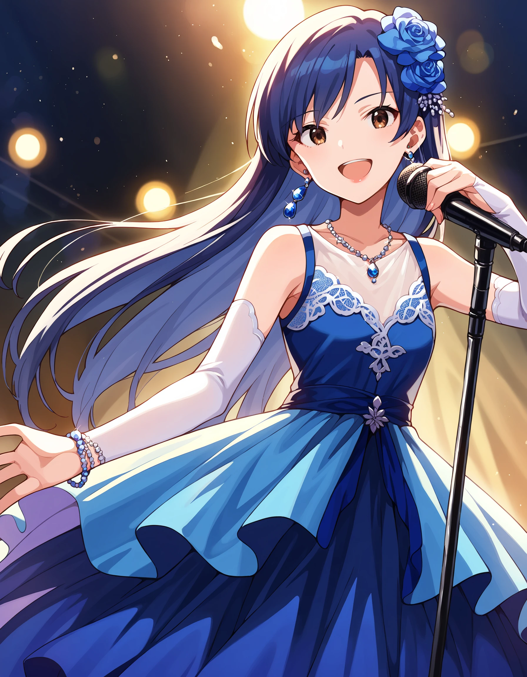 score_9, score_8_up, score_7_up, source_anime,
1girl, solo, concert, singing, smile, serious, open mouth, microphone stand, blue stage, lace curtain, (smoke:1.2),  stage lights, 
 <lora:KisaragiChihaya_pony_v1:0.8>
ksrgchy, very long hair, blue hair, bangs,  brown eyes, flat chest, 
luxury dress, blue dress, lace trim, sleeveless, elbow glove, hair ornament, hair flower,
lipstick,  jewelry,  earrings, necklace, bracelet,