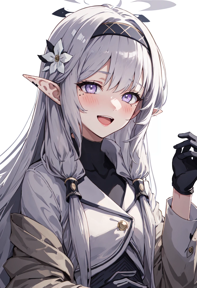 best quality, masterpiece, highres, solo, (himari_bluearchive:1.10), 1girl, blush, simple background, smile, upper body, white background, white flower, hair tubes, looking at viewer, white jacket, open mouth, long sleeves, black gloves, 1 <lora:himari_bluearchive:0.80>