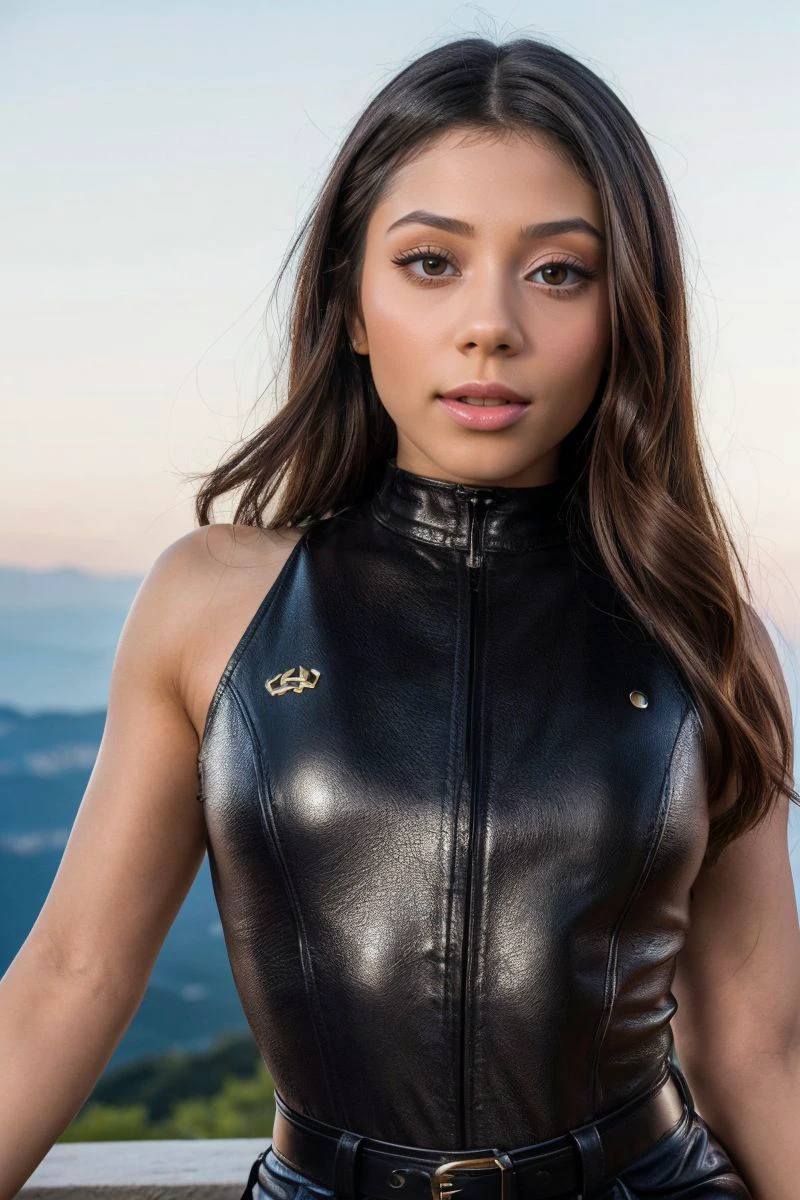 photo of S360_XxlaynaMarie,a stunning woman,on a (mountain:1.1),wearing a (leather-uniform:1.1),(4k, RAW photo, best quality, 35mm, depth of field, ultra high res:1.1),(absurdres, intricate, photorealistic, cinematic-shot, masterpiece, ultra-detailed:1.1),