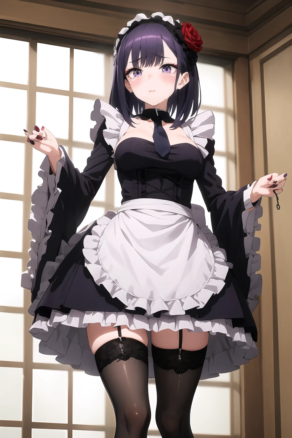 kitagawa marin, 1girl, solo, breasts, looking at viewer, blush, crying, bangs, hair ornament, thighhighs, long sleeves, dress, holding, standing, purple eyes, purple hair, flower, hairband, frills, necktie, black thighhighs, indoors, hair flower, wide sleeves, medium hair, nail polish, apron, black dress, collar, cosplay, window, detached collar, rose, floral print, from below, frilled dress, frilled sleeves, black necktie, fashion, leash, gothic, black collar, bonnet, chain leash, holding leash, wig, <lora:Sono Bisque Doll wa Koi wo Suru - Marin Kitagawa V2:1>