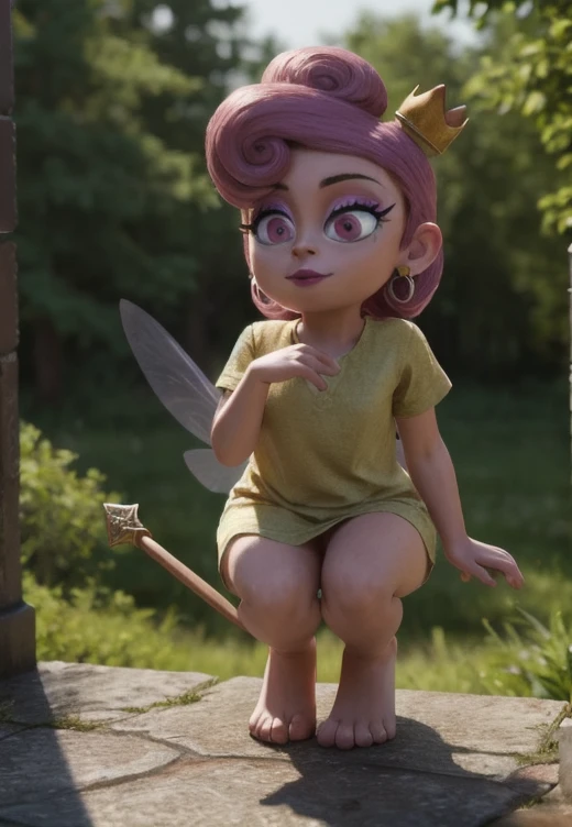 <lora:wandaodd:1> wanda, pink hair, 1girl, pink eyes, crown, wand, lipstick, earrings, makeup, purple hair, wandaodd, floating, fairy, green shirt, midget, BREAK, 8k, hi res, 40mm lens, (Best quality, masterpiece:1.2)