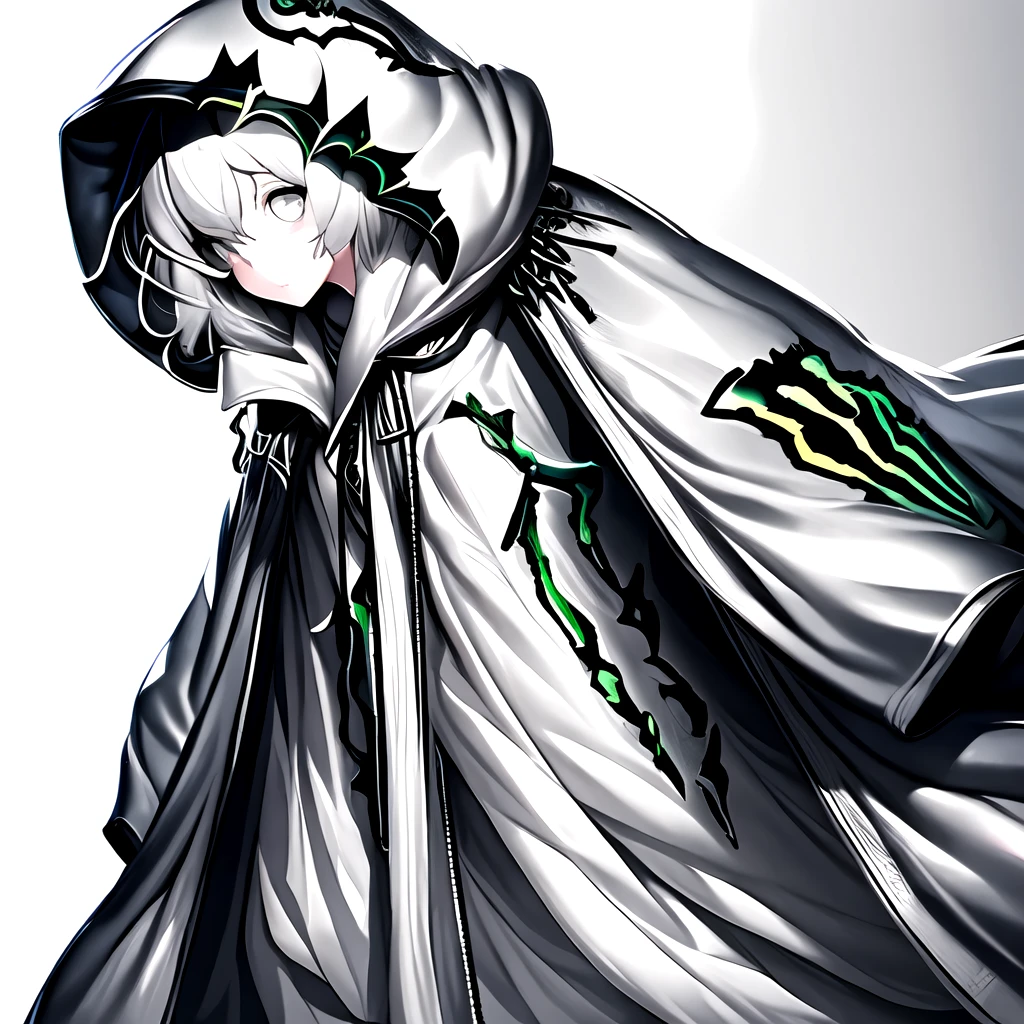 1girl, (solo:1.5), hood, (hood up:1.5), (light grey hair:1.5), (light grey eyes:1.5), light grey skin, looking at viewer, white robe
from side
<lora:monenaishou_v1:1>, monenaishou