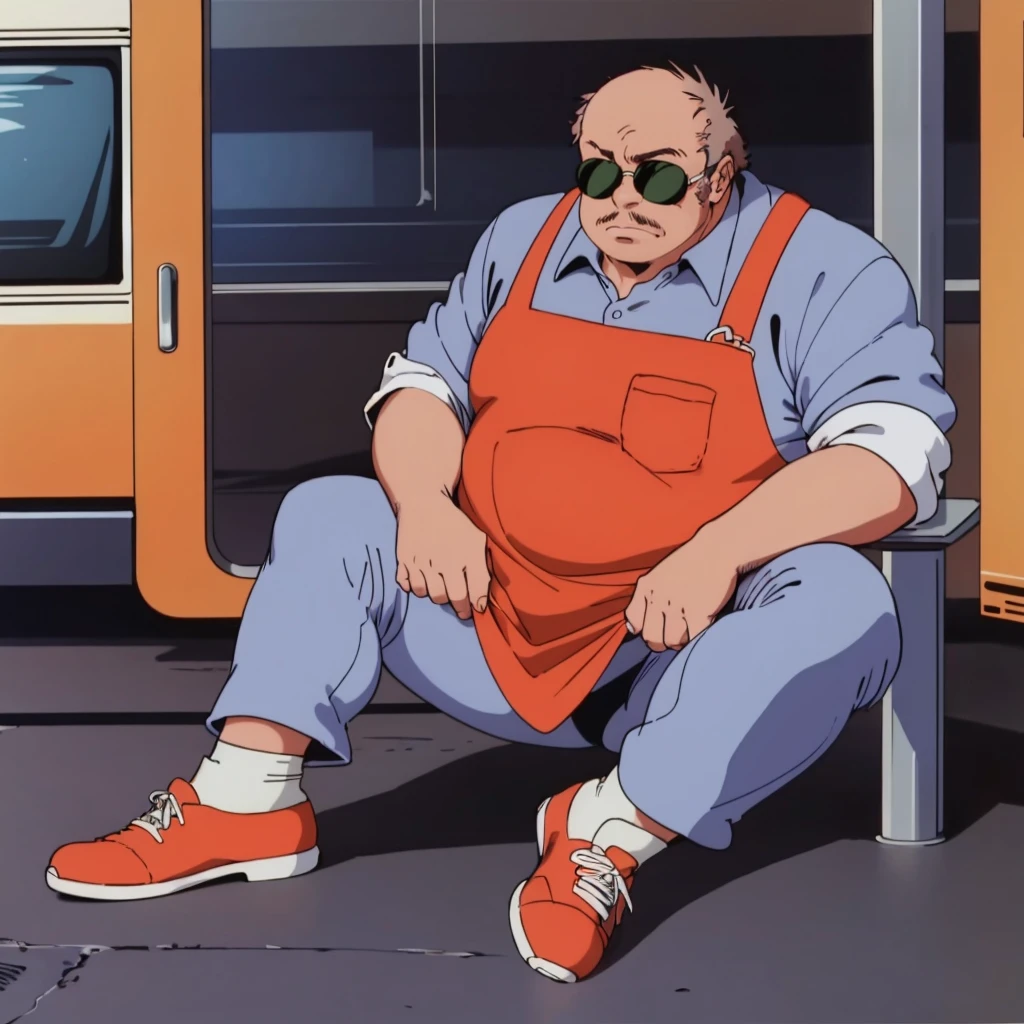 <lora:MZ1Coco001:0.7>,
MZ1Coco,1oldman,sunglasses,fat,retro artstyle,1980s (style),
collared_shirt,orange apron,
pants,
full body,sitting,